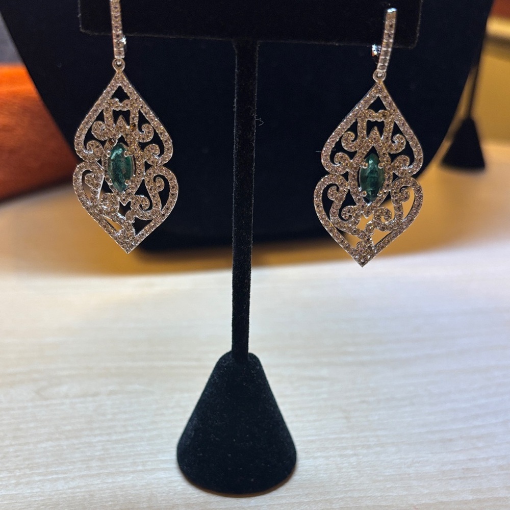 NEW Sterling Silver, Emerald and Swarovski Crystal Teardrop Filigree Earrings